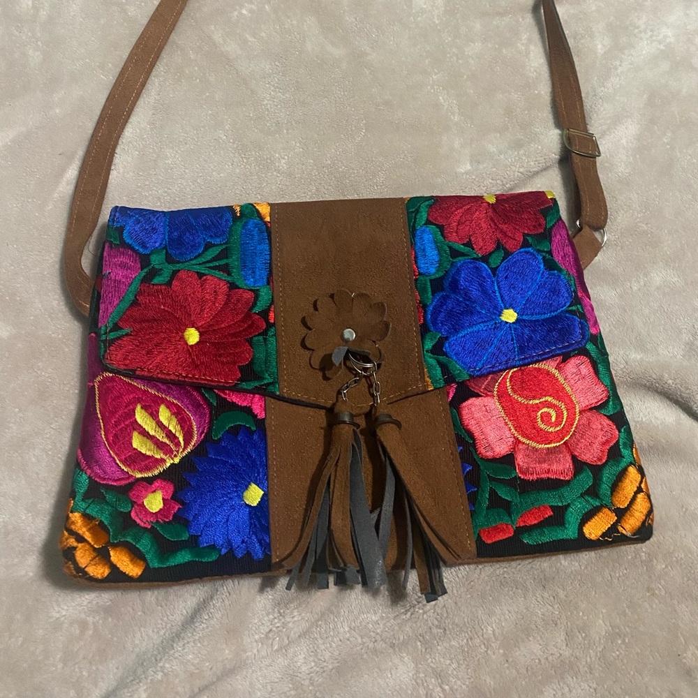Brown and Red Crossbody Bag with Floral Embroidery